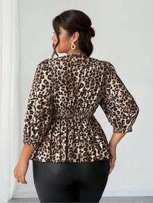 Elenzga 大码女式性感V领灯笼袖荷叶边上衣，度假风格，春秋季 - 棕色 - 查看 3