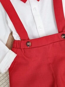 SHEIN 2 件套幼儿男孩可爱正式绅士风格服装，包括白色长袖蝴蝶结领衬衫和休闲吊带裤，时尚优雅帅气，适合生日派对、典礼、表演、婚礼、迎婴派对、洗礼等正式场合，春季/秋季 - 紅色 - 查看 5