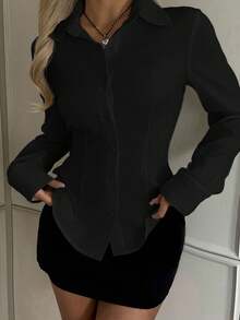 SHEIN EZwear Camisa casual de manga larga con cintura ceñida y abotonadura, adecuada para blusas elegantes de otoño/invierno para mujeres - Negro - Ver 3