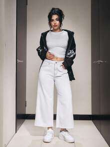 SHEIN PETITE Women's Pocketed Wide Leg Loose Casual 7/8 Length Jeans - White - View 5