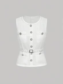 SHEIN MOD Set elegant pentru femei, vestă cu nasturi și strasuri, culoare solidă, și fustă mini plisată, toamnă/iarnă - alb - Vizualizare 4