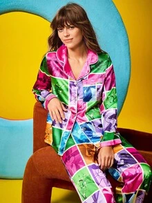 Chillnights X LOONEY TUNES Damen Cartoon Muster Farbblock Langarm Top & Hose Pyjama Set, Damen Pyjamas mit grafischem Muster, Cartoon Muster Pyjamas, bunte Pyjamas, Herbstkleidung