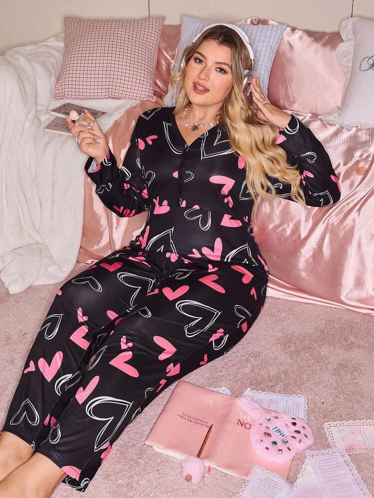 SweetSlumber Plus Size Cute Heart Print Pajamas Jumpsuit, Fall & Winter, Cozy Outfit - Multicolor - View 6