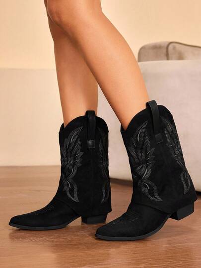 Daringsoles New Vintage Embroidered Short Boots, Casual Cowboy Chunky Heel Mid-Calf Boots, Comfortable & Versatile Western Boots For Autumn/Winter