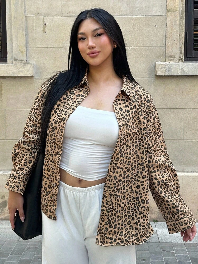 Dazy Plus Leopard Print Lapel Loose Long Sleeve Street Style Open Front Plus Size Women Shirt