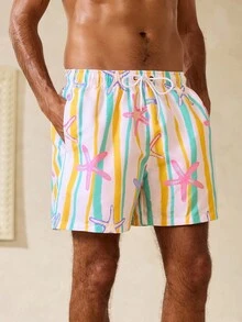 Manfinity Swimmode Men's Starfish Striped Drawstring Waist Pocket Beach Shorts - Multicolor - View 6