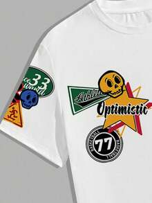 Manfinity Homme 男士休闲简约滑板骷髅“秀出快乐时光”图案圆领短袖T恤套装，适合夏季运动，舒适装扮 - 白色 - 查看 7