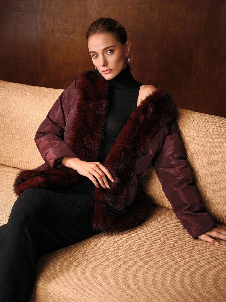 FUZZY PANEL SLANT POCKET BELTED WINTER COAT