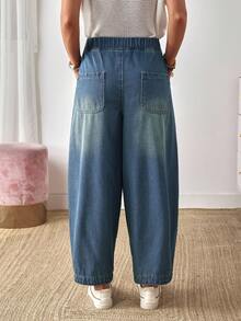 EMERY ROSE 女式松紧腰口袋喇叭宽松牛仔裤 - 藍色 - 查看 6
