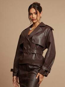 Silquee Áo khoác trench coat hai hàng khuy trơn màu dành cho nữ, phong cách đi làm - Màu nâu  Mocha - Xem 5