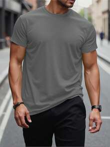 Manfinity Homme Herren einfarbiges minimalistisches lässiges Rundhals Kurzarm T-Shirt, einfarbiges T-Shirt, Slim Fit T-Shirt, graues T-Shirt, Herren Sommer T-Shirts - Grau - Übersicht 1