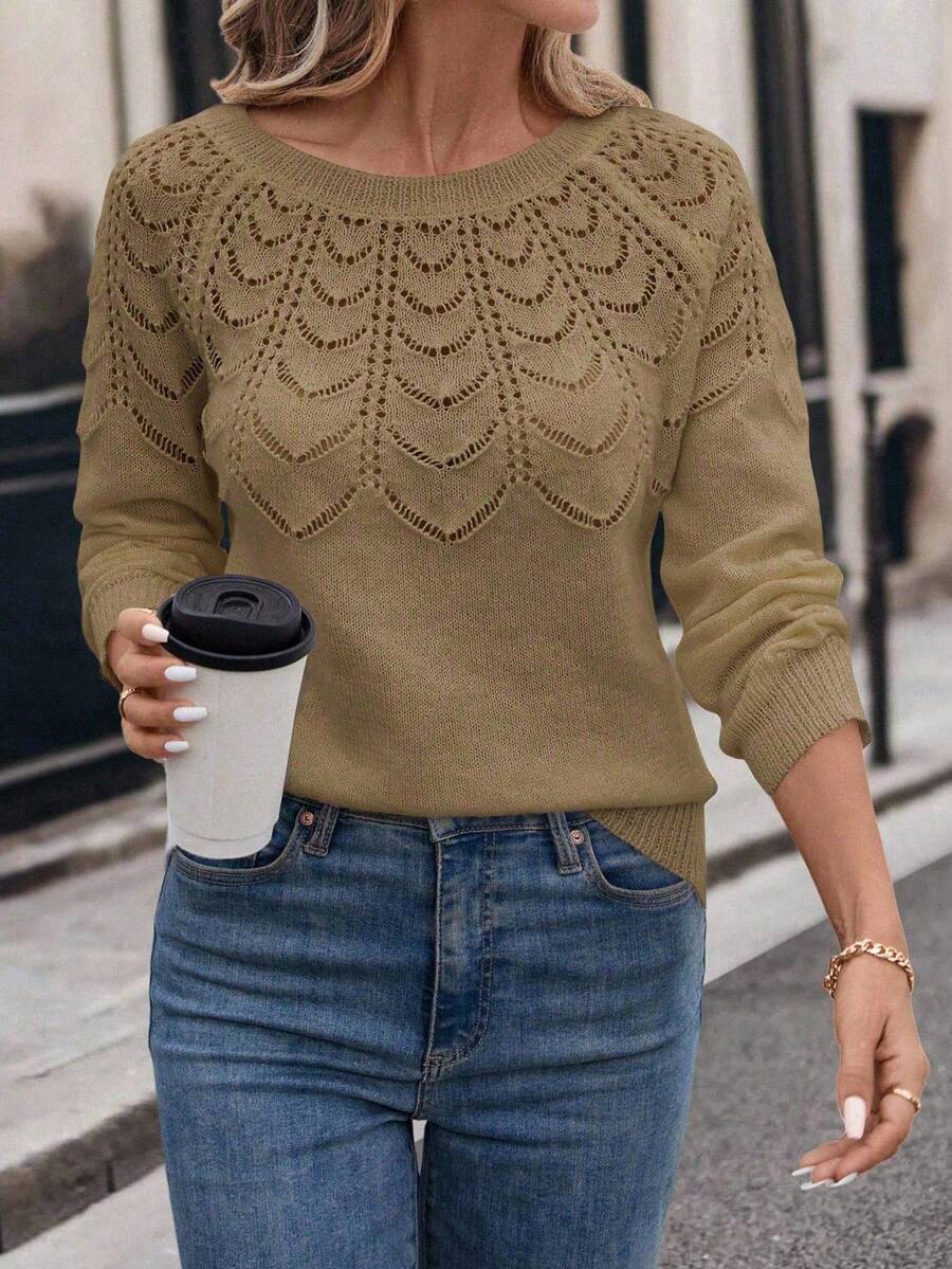 SHEIN 女士纯色圆领长袖休闲衬衫，适合新年穿着 - 卡其色 - 查看 1