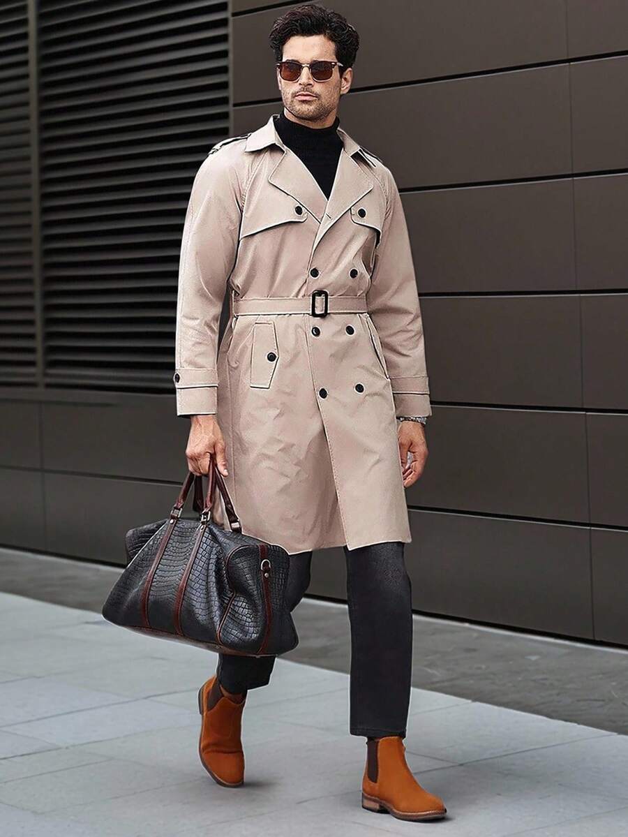 Manfinity CasualCool Men's Button Front Long Sleeve Pocket Simple Casual Trench Coat, Going Out Flannel Trench Coat, For Friends, Husband, Boyfriend Gifts, Men Trench Coat, Man Coat, Men Outerwear,Fall