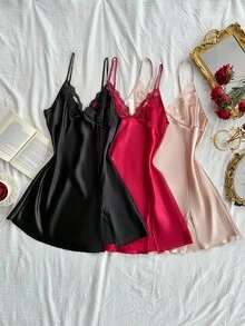 SHEIN 3pcs/Set Women Embroidered Lace Sexy Nightgown Combination Set Satin Sleep Dress Lace Sleep Dress Satin Lingerie Sleepwear
