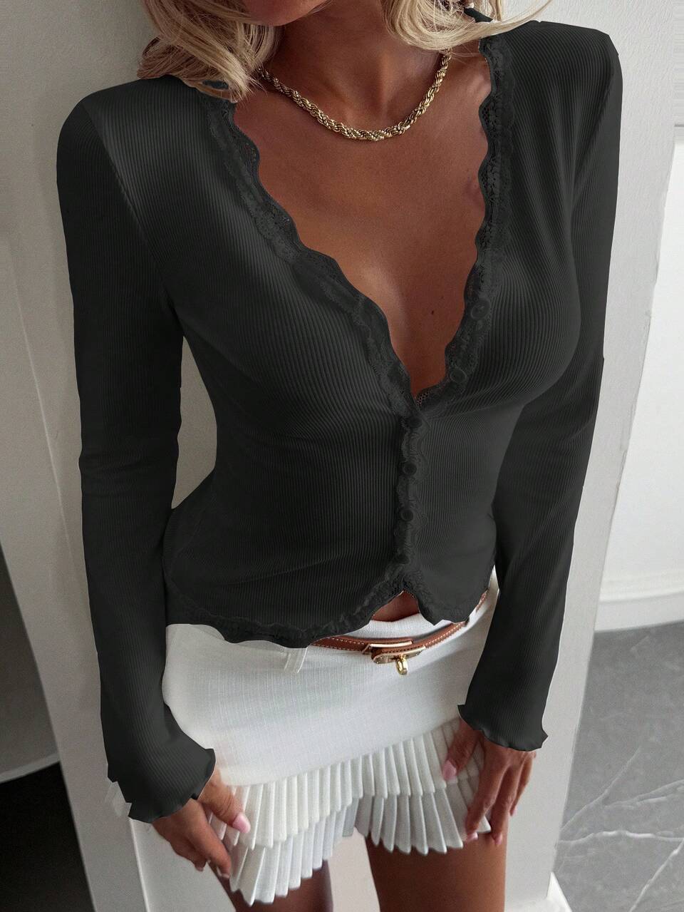 Women's Lace Frill Trim Fitted Cardigan Long Sleeve Top