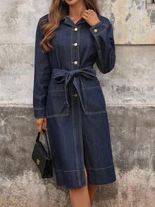 EMERY ROSE Váy denim tay dài thắt nút cổ điển màu xanh đậm cho nữ - Màu xanh lam - Xem 7