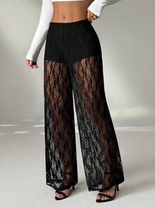 SHEIN PETITE Women's Elastic Waist Floral Lace Straight Loose Fashion Pants - Black - View 5