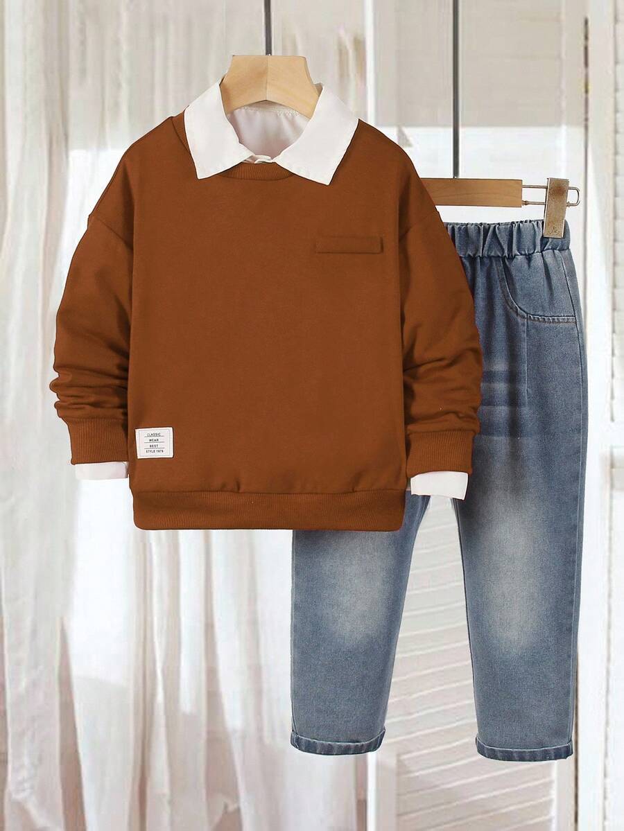 SHEIN Bộ 2 món/Bộ trang phục thời trang cho bé trai - Áo nỉ cổ tròn tay dài màu đen và quần dài denim túi giả, thiết kế tối giản giản dị, thích hợp mặc hàng ngày, đi học, du lịch, nghỉ lễ, thư giãn, tắm nắng, mùa hè - màu nâu - Xem 1