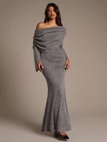 Aloruh Women's Off-Shoulder Ruched Long Sleeve Bodycon Prape Grey Maxi Dress, Fall/Winter - Dark Grey - View 4