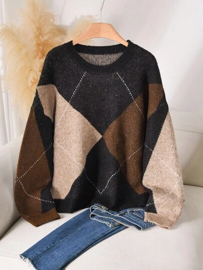 CosyJoli Plus Size Plaid Contrast Stripe Fashionable Minimalist Pullover Sweater Fall Sweater Pullover For Women Brown Sweater/Winter