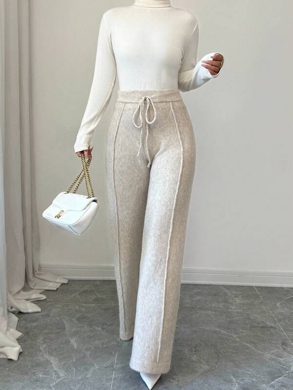 Elenzga 女士高腰抽绳宽松版型奢华针织阔腿裤