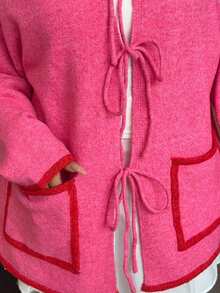 Sunnyshic Damen Große Größen Kontrast Saum Tasche Schleife Vorne Strickjacke, süß & lässig