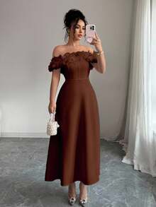 Elenzga 新款秋季优雅法式 3D 花卉露肩 A 字裙，适合宴会、返校、教师装、万圣节、感恩节 - 鏽棕色 - 查看 1