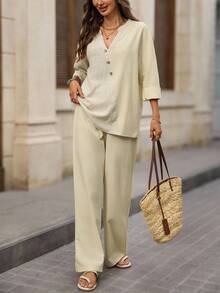 EMERY ROSE 2件套女士休闲宽松长袖上衣和裤子套装 - 卡其色 - 查看 4