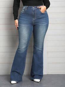 EMERY ROSE 冬季加大码女式高腰口袋休闲弹力喇叭牛仔裤 - 中等水洗藍 - 查看 4