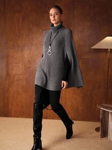 MOTF PREMIUM 纯色高领插肩蝙蝠袖斗篷毛衣 - 深灰色 - 查看 4