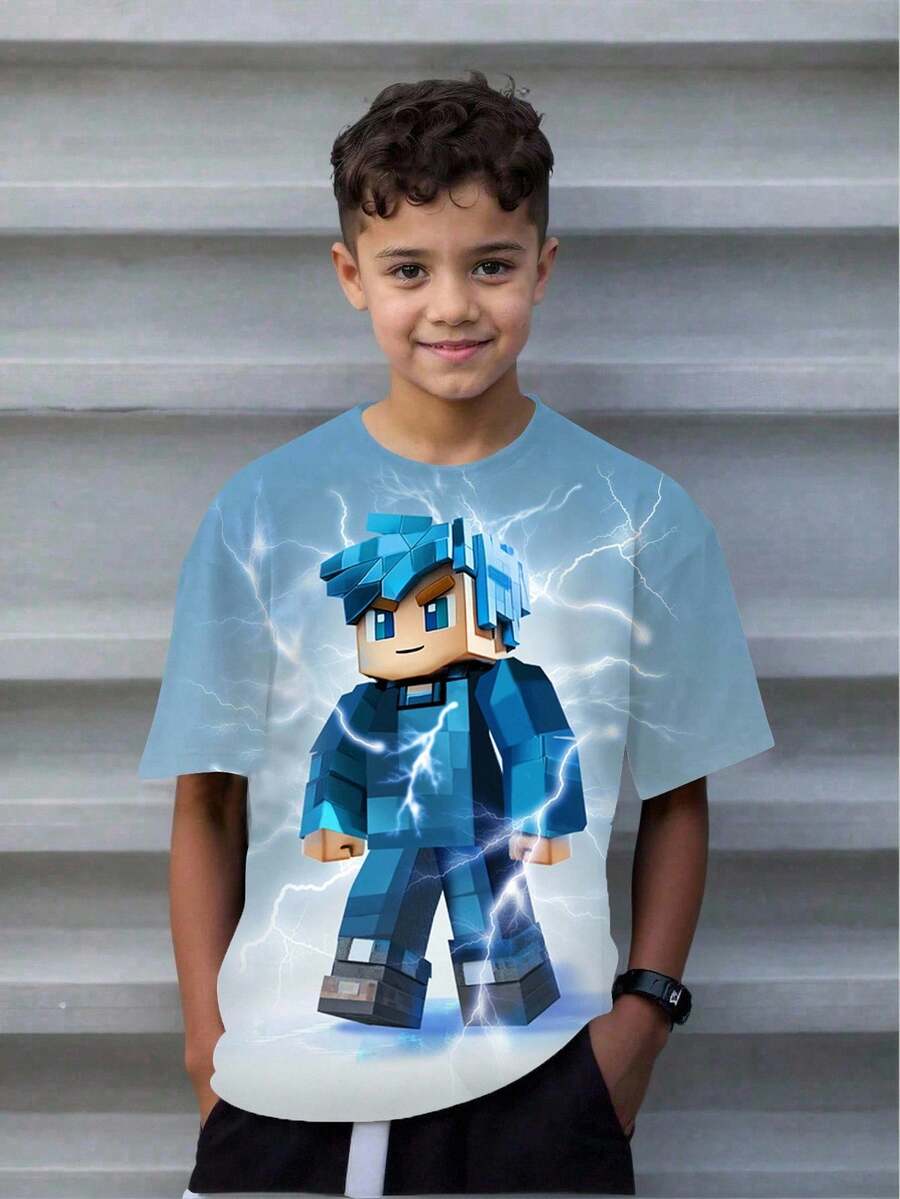 SHEIN Áo thun cổ tròn tay ngắn tối giản giản dị dành cho bé trai tuổi mới lớn, phù hợp cho mùa hè - Nhiều màu - Xem 1