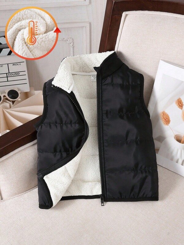 SHEIN Genkimix Kids 1 pieza Chaleco negro de unicolor con cuello alto y cremallera para niños, diseño versátil y cálido, con cremallera frontal para facilitar el uso, adecuado para otoño e invierno, excelente para salidas, regreso a la escuela y uso casual