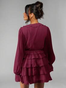 MISSGUIDED Chiffon Ruffle Mini Dress Balloon Long Sleeve V Neck Tiered Flowy Party Fall Winter Holiday Spring Wedding Guest Statement Dress - Burgundy - View 2