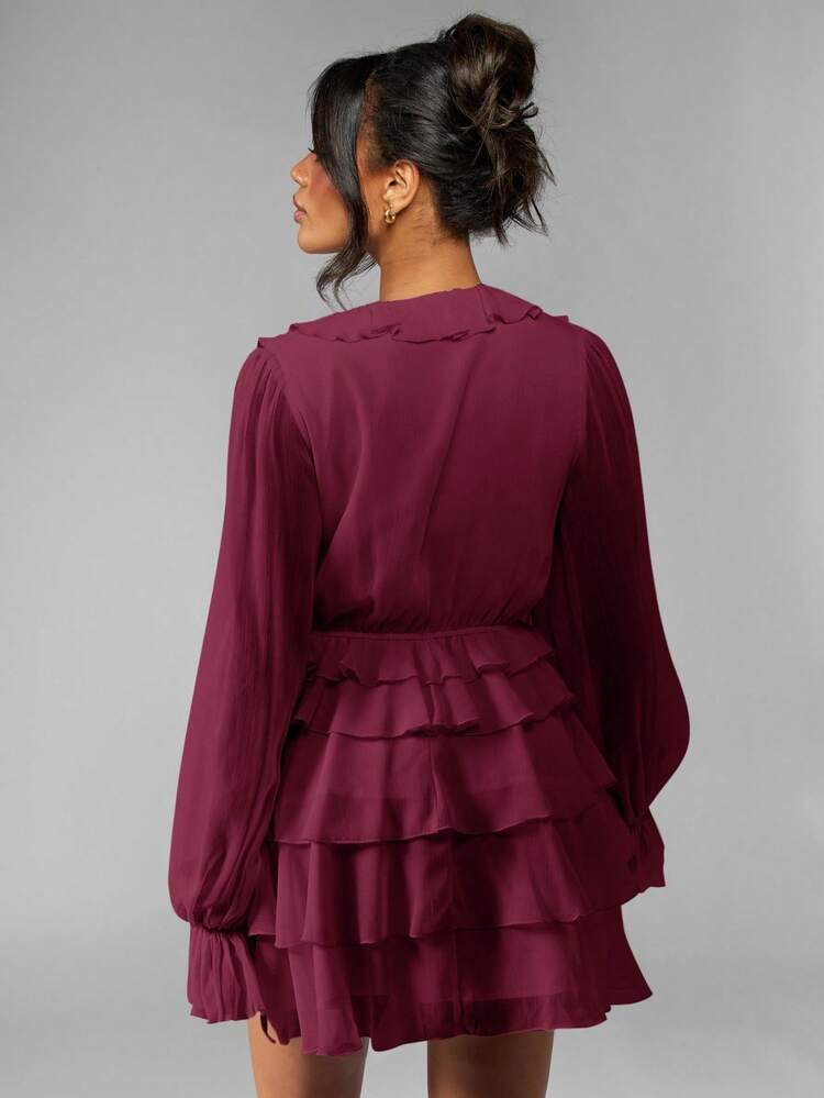 MISSGUIDED Chiffon Ruffle Mini Dress Balloon Long Sleeve V Neck Tiered Flowy Party Fall Winter Holiday Spring Wedding Guest Statement Dress