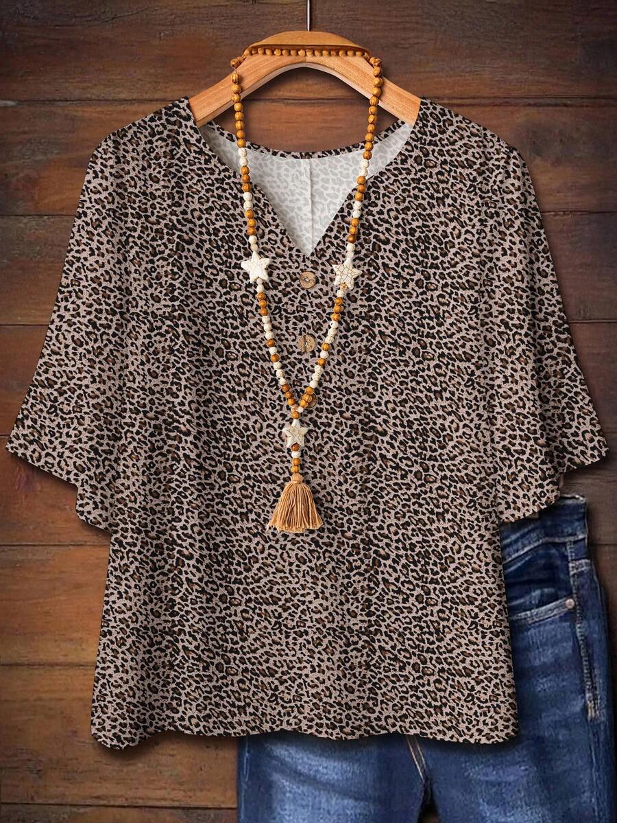 EMERY ROSE Plus Size Women's Leopard Floral Print Beige Button Down Short Sleeve Casual Shirt,Summer Boho Vacation Country Resort Bohemian Chic Blouses - Multicolor - View 1