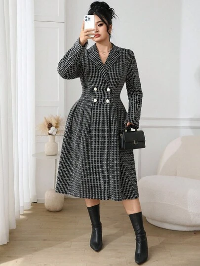 Modelyn 大码女式格子翻领长袖双排扣优雅长外套，秋季