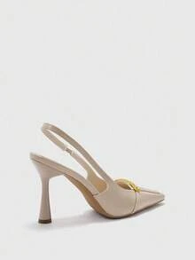 CUCCOO BIZCHIC 女士时尚闪亮米色材质露背方头细高跟鞋，适合通勤、约会、聚会、派对等场合 - 米色 - 查看 8