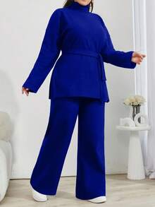 EURMUSE 纯色高领休闲毛衣 2件套 - 寶藍色 - 查看 4