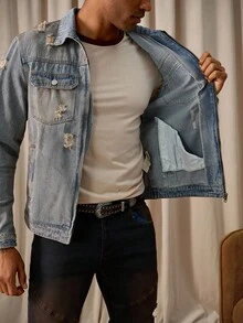 Manfinity Homme Men's Distressed Denim Jacket, Streetwear Style Acid Washed For Slim-Fit, Fall - Light Wash - View 6