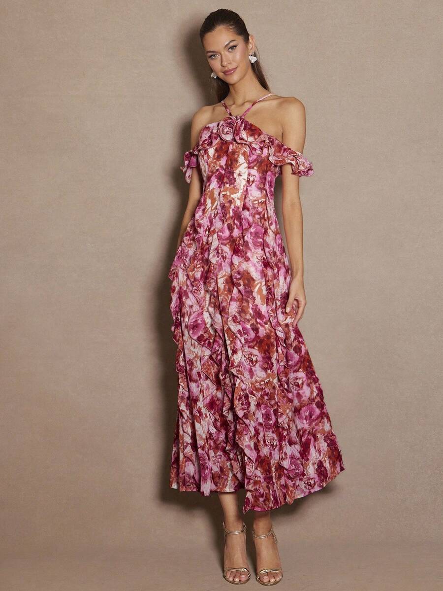 Enchnt Váy dây xếp nếp hoa lãng mạn thanh lịch dành cho nữ - Màu Hồng Tươi - Xem 1