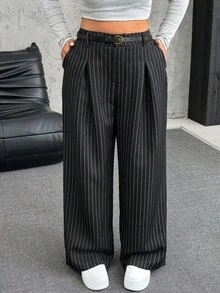 SHEIN EZwear 秋冬大码纯色纽扣休闲阔腿裤配腰带 - 黑色 - 查看 3