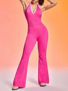 Easithlete Seamless V-Neck Halter Bowknot Lifting Yoga Jumpsuit Pink Jumpsuit Pilates Jumpsuit Jumpsuit For Women Pink Yoga Outfit