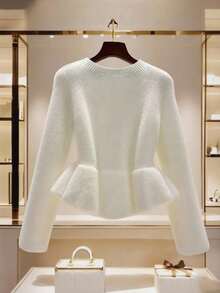 Chaqueta corta de mujer con cintura ceñida y volantes en el bajo, decoración con botones metálicos únicos, suéter blanco elegante - Blanco - Ver 2