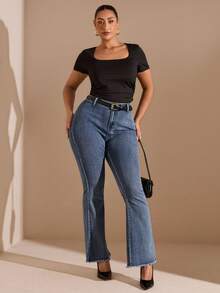 SHEIN BAE Quần Jeans Ống Loe Đơn Giản Cài Nút Phía Trước Cỡ Lớn, Mặc Thường Ngày - Rửa tối - Xem 5