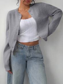 SHEIN BASICS 女款休閒素色圓領長袖寬鬆短版針織開襟外套 冬季外套 - 灰色 - 查看 6