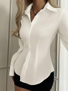 SHEIN EZwear 杏色女士休闲收腰长袖开衫衬衫，适合秋冬季节的时尚女式上衣 - 杏色 - 查看 5