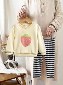 SHEIN 女婴幼儿/新生儿 0-3 岁春夏休闲可爱水果草莓印花圆领长袖运动衫 + 罗纹紧身打底裤套装 - 杏色 - 查看 7