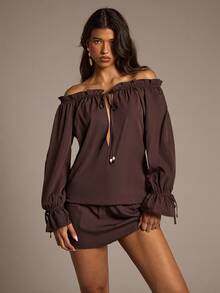 Aloruh Women's Off Shoulder Mini Dress With Puff Sleeves, Ruffle Hem, Bow & Beaded Decor, Bohemian Style Halloween Costumes Goth Dress Halloween Fall Winter Clothes For Women Fall Women Clothes Halloween Clothes Fall Clothes Halloween Clothes For Women Fall Outfits For Women Christmas Party - Brown - View 5