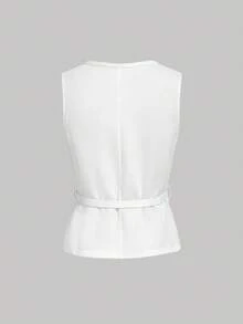 SHEIN MOD Set elegant pentru femei, vestă cu nasturi și strasuri, culoare solidă, și fustă mini plisată, toamnă/iarnă - alb - Vizualizare 5