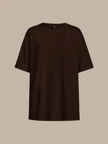 SHEIN BASICS Áo thun nữ dáng rộng cổ đứng màu trơn, dáng rộng, thường ngày - màu nâu - Xem 6